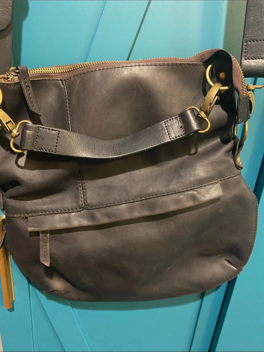 Bed Stu Tahiti Black/Dark Brown Leather Crossbody Bag with Brass Hardware - Picture 2 of 16